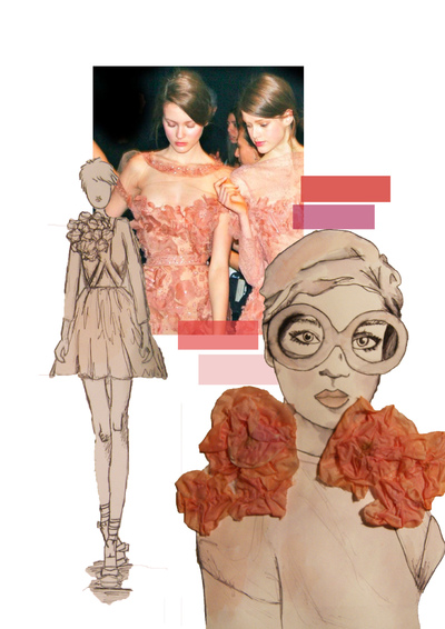 Sarah Davies Fashion Portfolio - This was a fabric manipulation technique in which i have melted fabric to create 3D flowers and put onto an illustration in my book to demonstrate how it could be used in a garment. I took inspiration from Elie Saab as he uses heavy embellishment and fabric flowers. This is something I am looking to take forward to my final pieces.