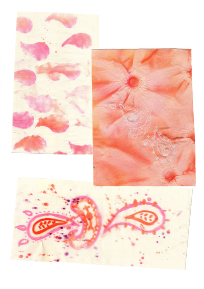 Sarah Davies Fashion Portfolio - Throughout this unit I experimented with numerous different surface design techniques such as shabori, screen printing, contact print and batik. I developed a colour pallet of reds and oranges and decided the techniques I could take further would be free machine stitch, heat transfer paints and shabori dyes. This worked well for my loose paisley motif. These are the samples I developed.