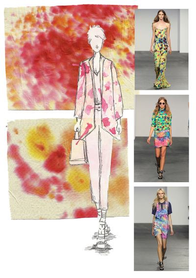 Sarah Davies Fashion Portfolio - These are my house of Holland inspired samples and hand rendered illustration. To create this I used dyes and flicked the dyes onto the fabric to try and make more of a floral effect than a tie dye shabori. The colours I have used compliment each other and create a summery feel.