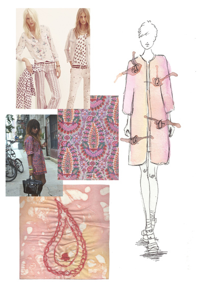 Sarah Davies Fashion Portfolio - I was given the brief of choosing something from nature to inspire a surface design pattern. The theme I chose was paisley, taking inspiration from the shape of the leaves and the colour of the flowers I photographed. Here is some inspiration I found along with batik stitch sample and hand rendered illustration.