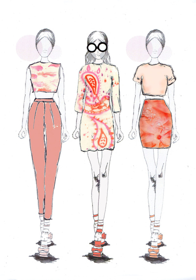 Sarah Davies Fashion Portfolio - Having chosen and developed my final techniques I then had to decide how to work these onto a garment. To do this I created a series of illustrations. These illustrations were created by hand and scanned into Photoshop and edited . This gave me a better idea of how I could use these techniques on garments.