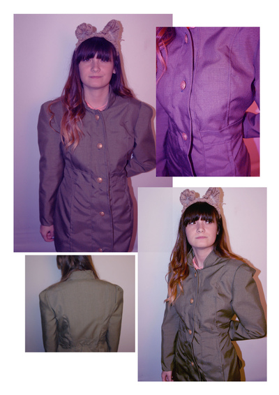 Sarah Davies Fashion Portfolio - My skills were then developed by a more challenging brief of creating a literature inspired garment. My chosen piece of literature was Warhorse as I wanted to further my experience in tailoring by making a more intricate piece which would both challenge my abilities and portray my theme by creating a military inspired jacket with exaggerated shoulders. Again all the photographs were taken by me and edited on Photoshop.